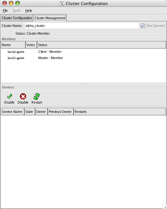 Cluster Configuration window: Cluster Management