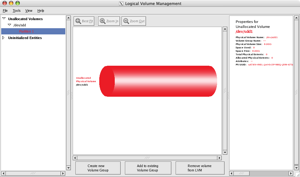 Logical Volume Management window: Unallocated physical volume